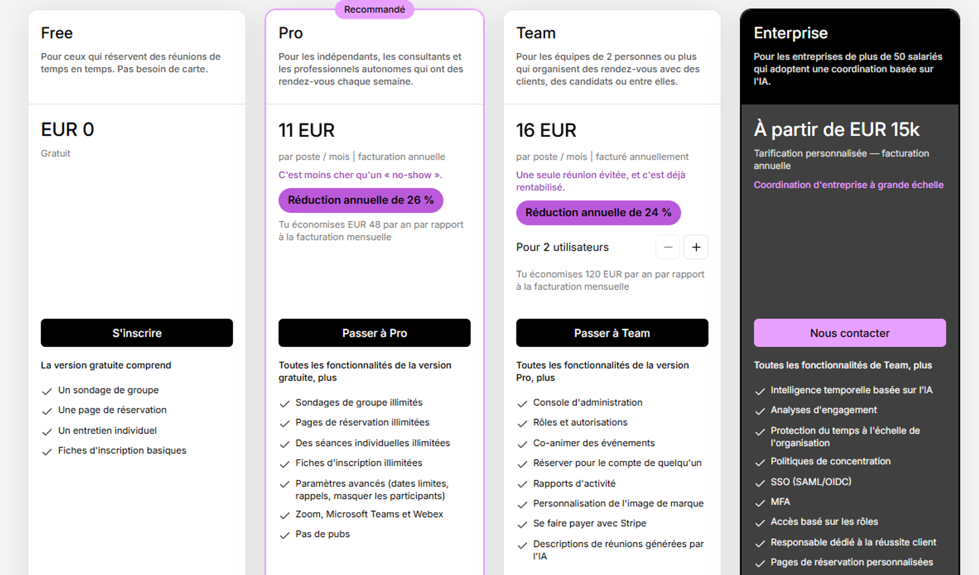 Comparatif des tarifs de Doodle présentant les forfaits mensuels Gratuit, Pro, Équipe et Entreprise en dollars américains